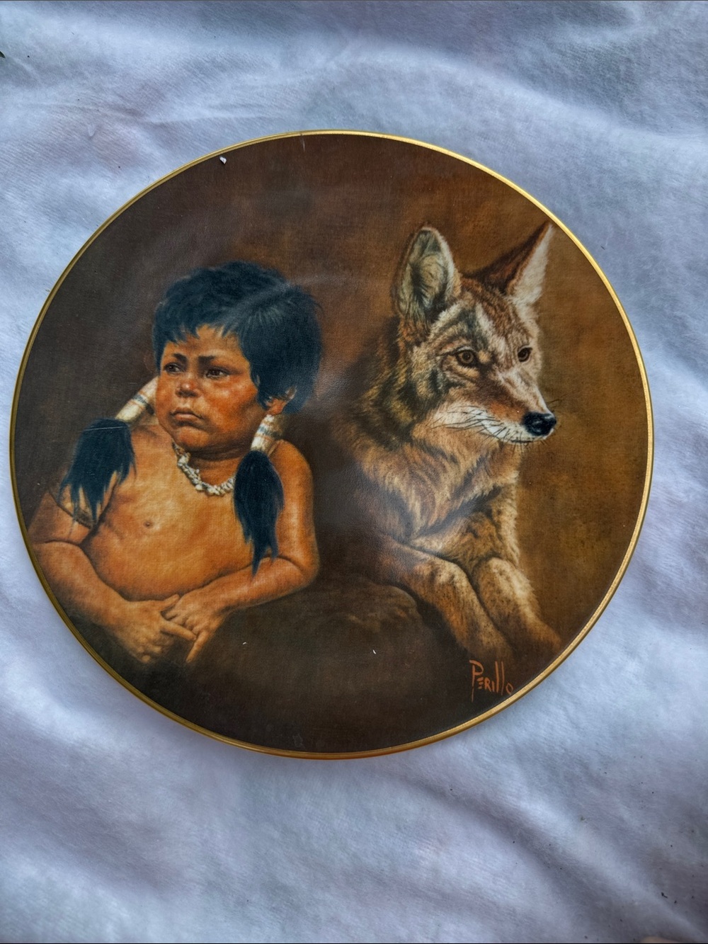 Vintage Native Child and Coyote Decorative Plate - Brown Tones